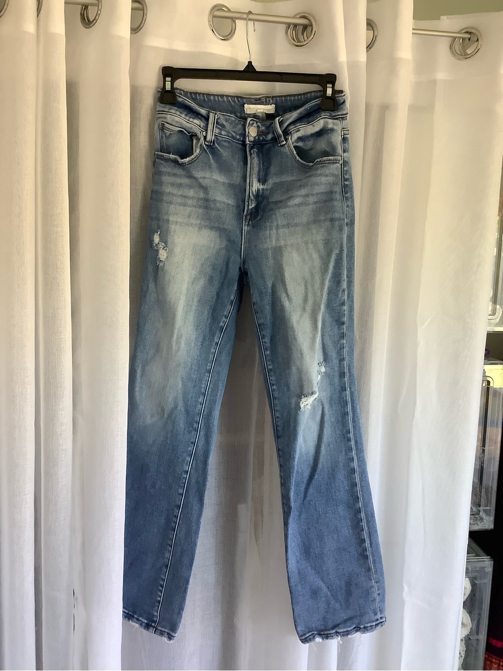 Medium Blue Distressed Straight-Leg Jeans — Women's